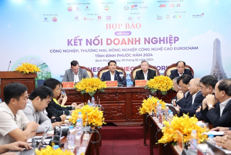 Vue générale de la Conférence de presse sur le Forum de connexion d’affaires de Binh Phuoc - EuroCham 2024, le 29 février dans la province de Binh Phuoc. Photo: baodautu.vn.