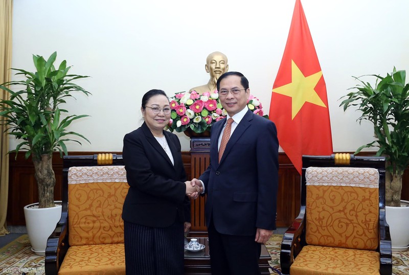Le ministre vietnamien des Affaires étrangères, Bùi Thanh Son (à droite), et l’ambassadrice laotienne au Vietnam, Khamphao Ernthavanh, le 13 mars, à Hanoi. Photo: baoquocte.vn.