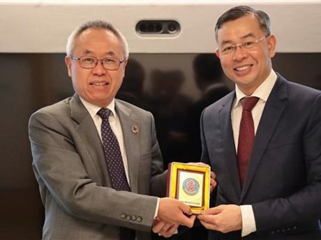 L’auditeur général d’État Ngô Van Tuân (à droite) et le secrétaire général adjoint de l'ONU aux affaires économiques et sociales, Li Junhua. Photo : VNA.