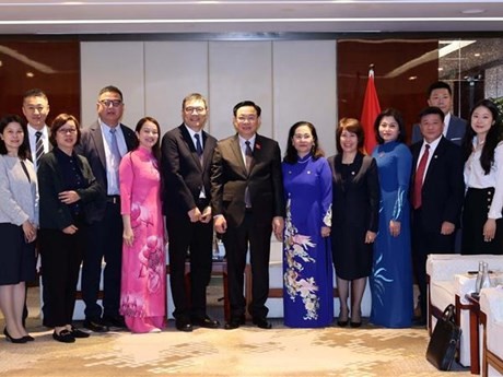 Le Président de l'AN vietnamienne, Vuong Dinh Huê (au centre), lors d'une rencontre avec Hong Tianzhu, président du groupe Texhong, le 10 avril à Shanghai. Photo : VNA.