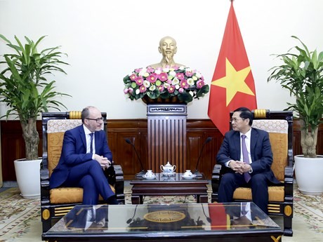 Le ministre vietnamien des Affaires étrangères, Bui Thanh Son (à droite), et le secrétaire d’État espagnol aux Affaires étrangères et mondiales Diego Martinez Belio, à Hanoi, le 16 avril. Photo : VNA.