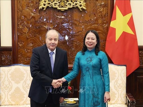 La Présidente par intérim Vo Thi Anh Xuân (à droite) et l’ambassadeur d’Algérie au Vietnam, Abdelhamid Boubazine, le 24 avril à Hanoi. Photo : VNA.