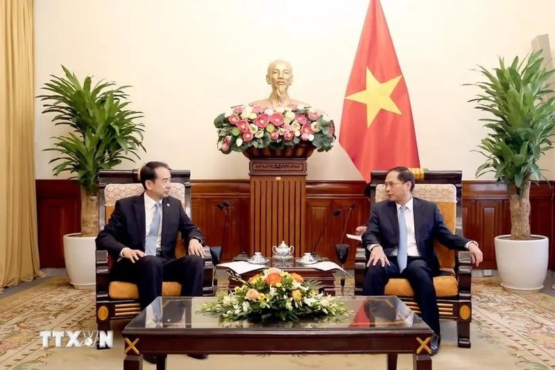 Le vice-PM et ministre des AE Bui Thanh Son (à droite) reçoit le nouvel ambassadeur de Chine au Vietnam He Wei. Photo : VNA.