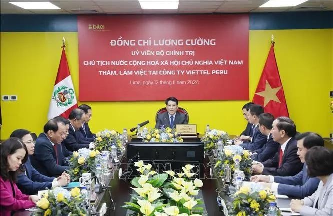 Le président vietnamien Luong Cuong (centre) lors de sa séance de travail avec avec Viettel Peru S.A.C (Bitel), à Lima. Photo : VNA.