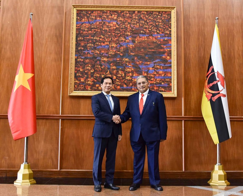  Le ministre vietnamien des Affaires étrangères Bui Thanh Son (à gauche) et le deuxième ministre brunéien des Affaires étrangères Dato Erywan Pehin Yusof, le 7 septembre. Photo : VNA.