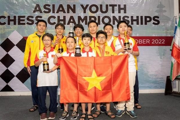 Des membres de l'équipe vietnamienne aux Championnats d'Asie d'échecs de la Jeunesse 2022. Photo: thanhnien.vn