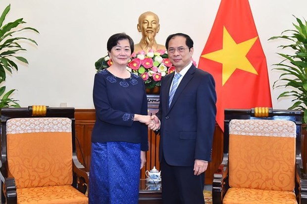 Le ministre vietnamien des Affaires étrangères, Bùi Thanh Son, et Mme Chea Kimtha, ambassadrice du Cambodg. Photo : VNA.