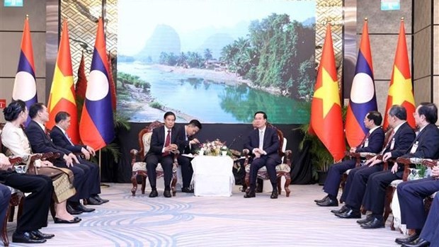 Lors d'une réception pour le président du Comité central du Front lao pour la construction nationale (FLCN) Sinlavong Khoutphaythoune. Photo : VNA.