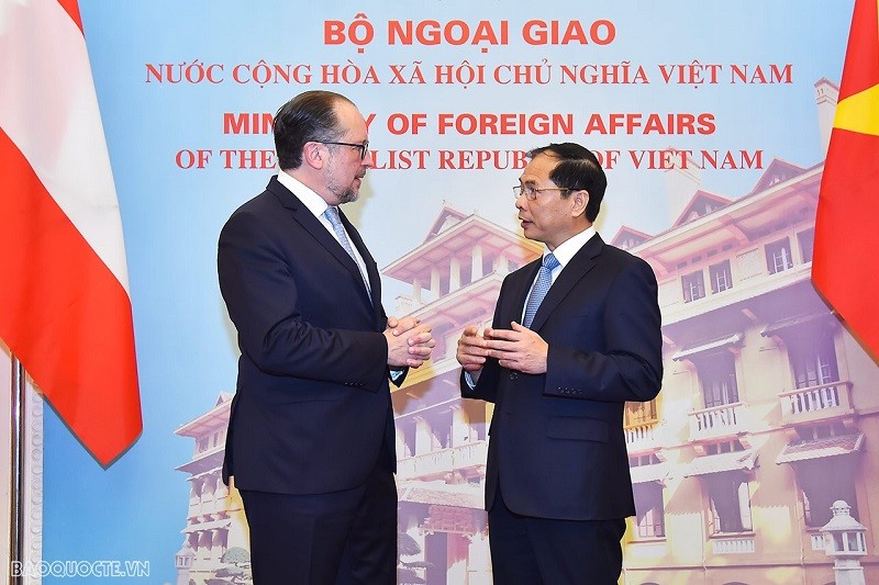 Le ministre des Affaires étrangères Bui Thanh Son et son homologue autrichien Alexander Schallenberg, à Hanoi, le 17 avril. Photo: BQT