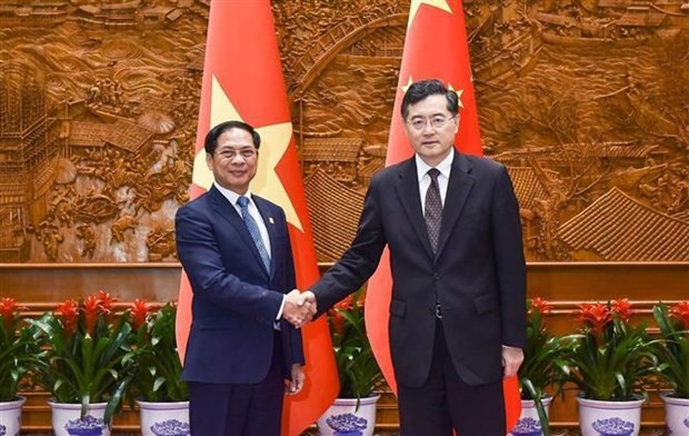 Le ministre vietnamien des Affaires étrangères, Bùi Thanh Son (à gauche) et son homologue chinois, Qin Gang. Photo : VNA.