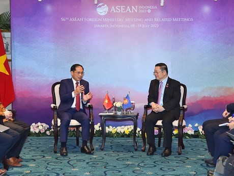 Le ministre des Affaires étrangères, Bùi Thanh Son (à gauche), a eu, ce mardi, 11 juillet, à Jakarta en Indonésie, un échange avec le Secrétaire général de l’ASEAN, Kao Kim Hourn. Photo : VNA