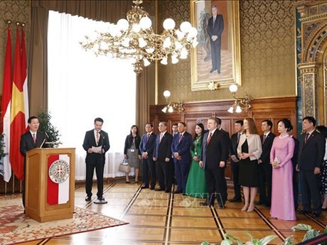 Le Président Vo Van Thuong a félicité les acquis obtenus par Vienne et proposé au maire de Vienne d'encourager les entreprises de la ville à développer leurs investissements et leurs affaires au Vietnam. Photo : VNA. 