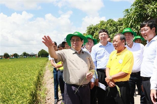 Le Premier ministre Pham Minh Chinh (à gauche) visite la coopérative de services agricoles de Thang Loi. Photo : VNA.