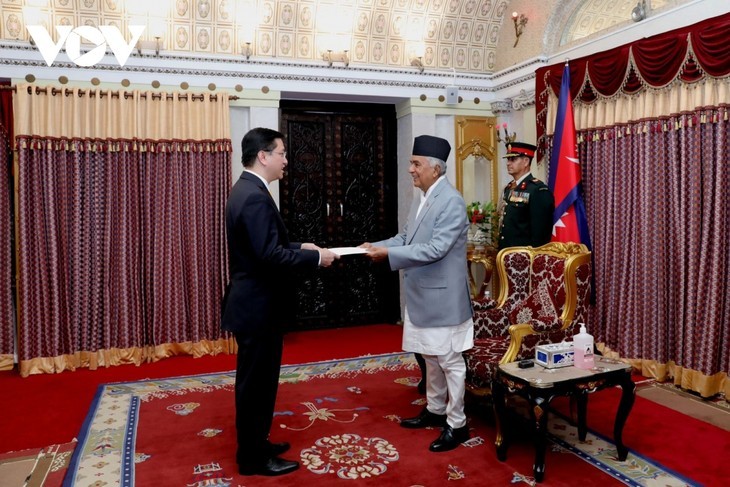 L’ambassadeur Nguyên Thanh Hai présente ses lettres de créance au Président népalais. Photo : VOV. 