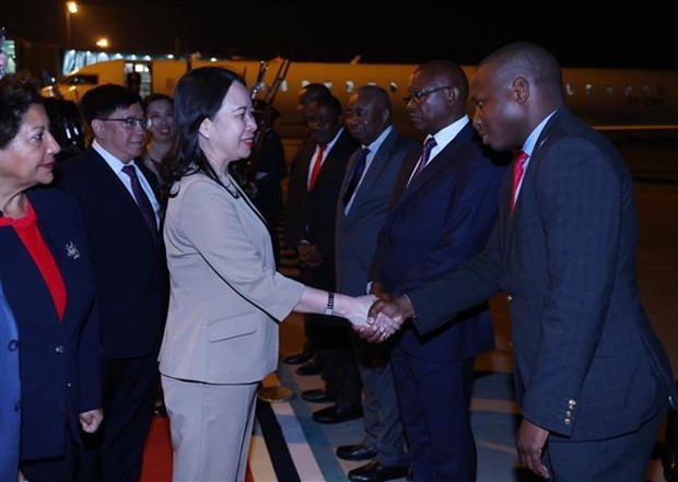 La cérémonie d'accueil de la Vice-Présidente vietnamienne Vo Thi Anh Xuân et sa suite à l'aéroport international de Maputo. Photo : VNA.