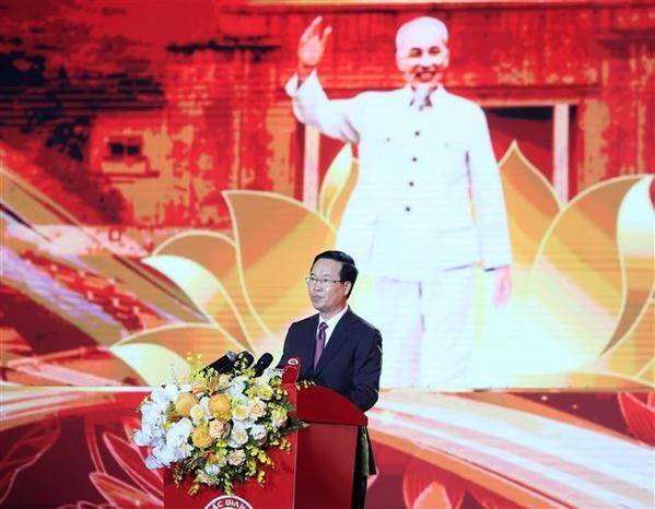 Le Président de la République, Vo Van Thuong, prend la parole à la cérémonie de célébration. Photo : VNA.