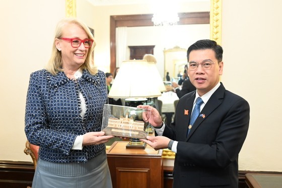 Le vice-président du Conseil populaire de Hô Chi Minh-Ville, Nguyên Van Dung, offre un cadeau à la maire de Melbourne, Sally Capp. Photo : Saigongiaiphong.vn