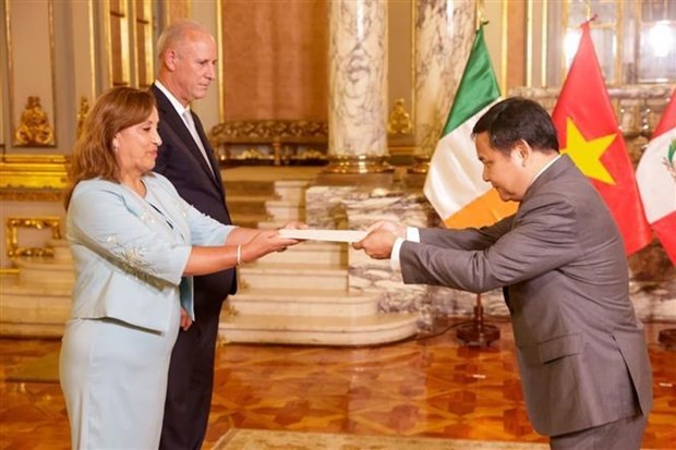 L'ambassadeur du Vietnam au Brésil, au Pérou, en Bolivie, en Guyane et au Suriname, Bui Van Nghi, a présenté le 8 février ses lettres de créance à la présidente péruvienne, Dina Boluarte. Photo : VNA