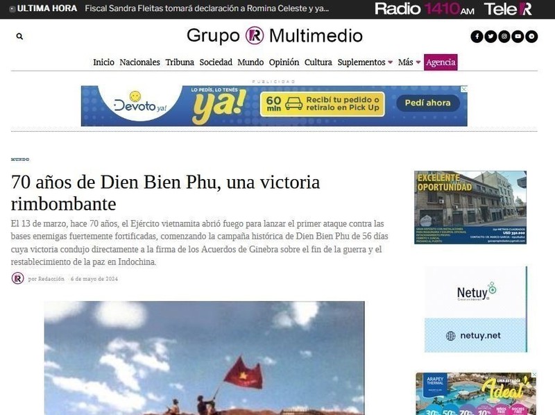 Article du journal uruguayen Grupo R Multimedio saluant la Victoire de Dien Bien Phu. Photo : VNA.