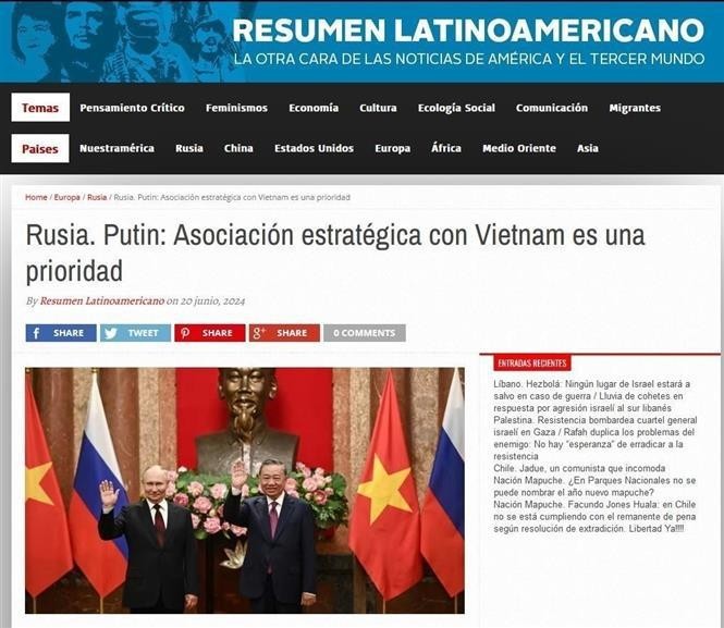 Capture d'écran d'un article du Resumen Latinoamericano sur la visite du président russe Vladimir Poutine au Vietnam. Photo : VNA.