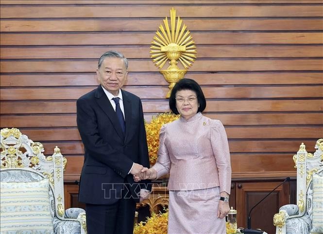 Le président Tô Lâm rencontre la présidente de l'Assemblée nationale cambodgienne (AN), Khuon Sudary. Photo : VNA