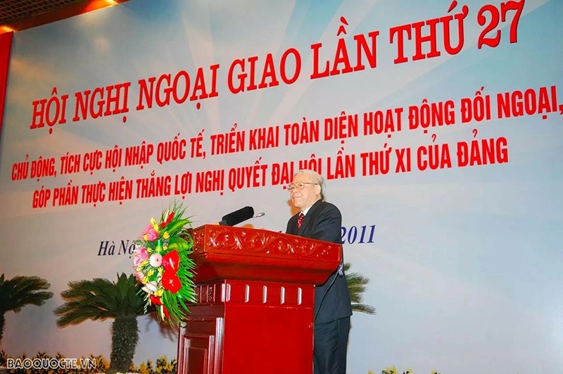 Le 27e Congrès de la diplomatie a été le premier auquel le Secrétaire général Nguyên Phu Trong a assisté en tant que chef du Parti communiste vietnamien. Photo : Quang Hoa. 