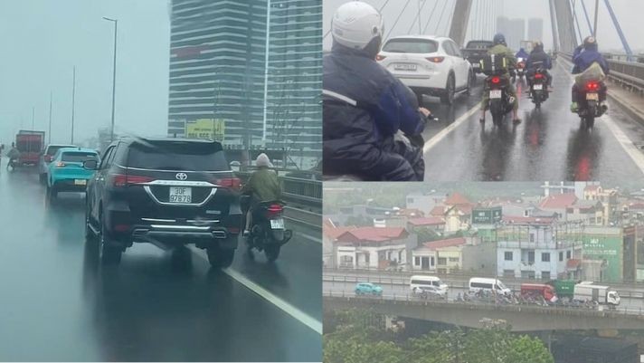 Des conducteurs de voitures protègent les motocyclistes sur un pont sous des vents violents. Photo : techz.