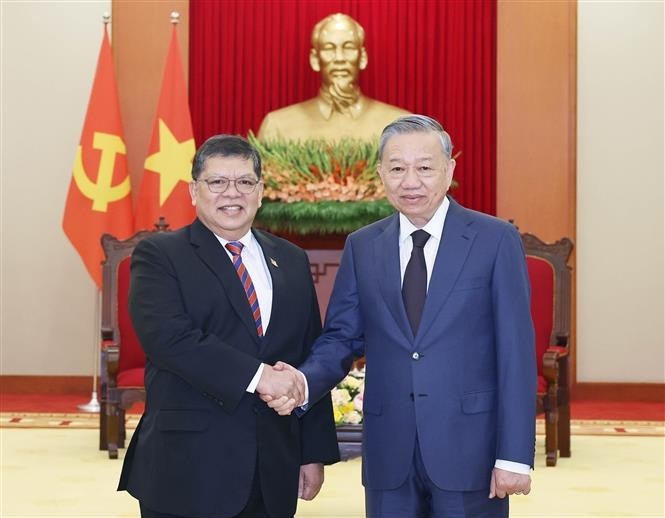 Le secrétaire général du Parti communiste du Vietnam, Tô Lâm (à droite) serre la main du président de la Chambre des représentants de Malaisie, Tan Sri Dato’ Johari Bin Abdul, à Hanoi, le 24 octobre. Photo : VNA.