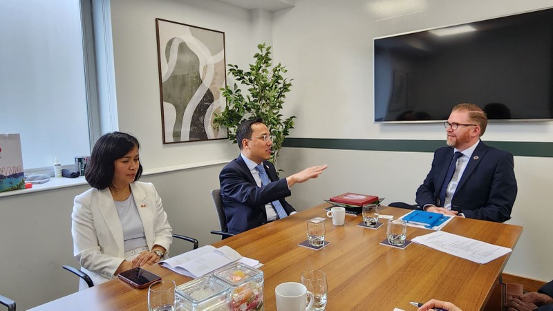 Lors de la séance de travail entre l'ambassadeur du Vietnam au Royaume-Uni, Nguyen Hoang Long et le président de la Chambre de commerce de Belfast, Simon Hamilton. Photo : VNA 