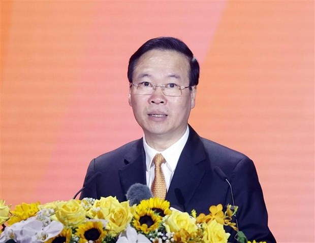 Le Président vietnamien, Vo Van Thuong, prend la parole lors de la cérémonie. Photo : VNA.