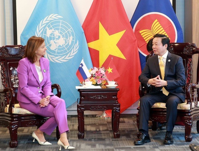 Le vice-Premier ministre Tran Hong Ha reçoit le vice-Premier ministre slovène et ministre des Affaires étrangères Tanja Fajon en marge de la Conférence des Nations Unies sur l'eau tenue le 23 mars à New York, aux États-Unis. Photo: CPV