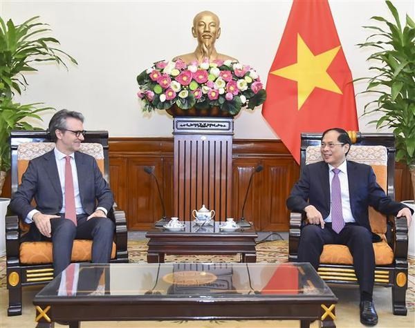 Le ministre des Affaires étrangères Bui Thanh Son (droite) reçoit l'ambassadeur Giorgio Aliberti, chef de la délégation de l'UE au Vietnam. Photo: VNA