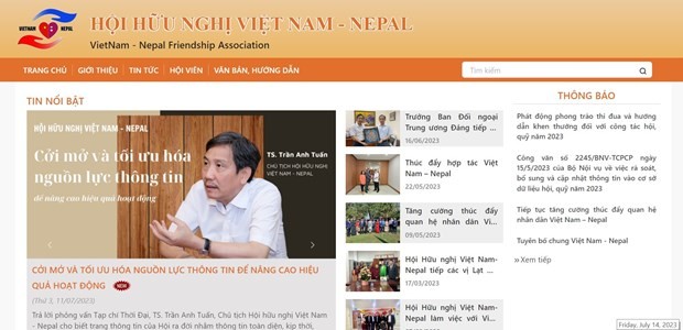 Interface du site web de l'Association d'amitié Vietnam - Népal. Photo: capture d'écran