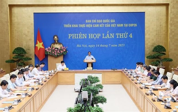 Le Premier ministre Pham Minh Chinh s’exprimant lors de la 4e réunion du Comité de pilotage national pour la mise en œuvre des engagements du Vietnam lors de la COP26, à Hanoi, le 14 juillet. Photo: VNA