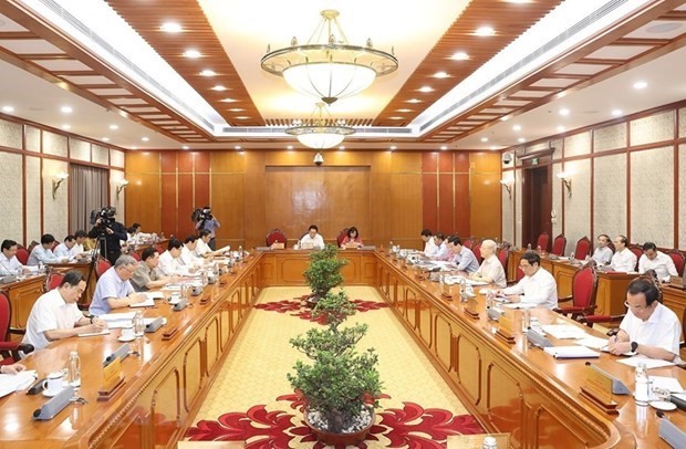 Le Secrétaire général du Parti, Nguyên Phu Trong, préside le 28 juillet à Hanoï une réunion du Bureau Politique et du Secrétariat pour sanctionner les permanences du Comité du Parti de Thanh Hoa des mandats 2010 - 2015 et 2015 - 2020. Photo : VNA.
