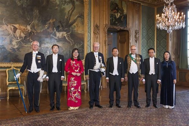 L'ambassadeur Tran Van Tuan (4e de gauche à droite) lors de la cérémonie de présentation de ses lettres de créance au roi suédois. Photo: VNA