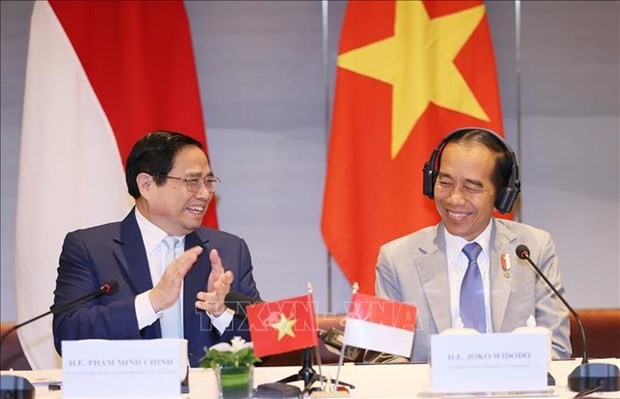 Le Premier ministre Pham Minh Chinh (droite) et le président indonésien Joko Widodo coprésident le Dialogue d’entreprise de haut niveau Vietnam-Indonésie. Photo : VNA