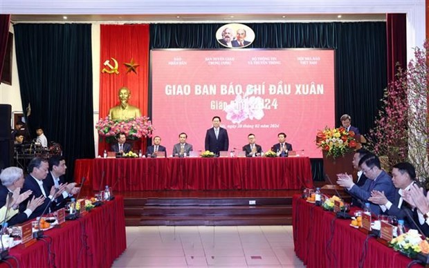 Vue du briefing des organes de presse, à Hanoi, le 20 février. Photo : VNA.