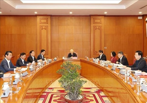 Le Secrétaire général du Comité central du Parti communiste du Vietnam, Nguyên Phu Trong, à la réunion du sous-comité du personnel du XIVe Congrès national du Parti, le 13 mars. Photo : VNA.