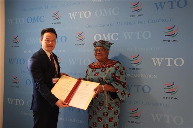 L'ambassadeur Mai Phan Dung, chef de la mission permanente du Vietnam auprès de l'ONU, de l'OMC et d'autres organisations internationales à Genève (gauche), présente la lettre de créance du Président vietnamien Vo Van Thuong à la Directrice générale de l'OMC. Ngozi Okonjo-Iweala. Photo : VNA.