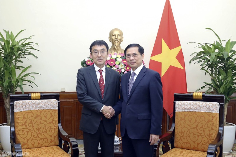 Le ministre des Affaires étrangères Bui Thanh Son (à droite) et le professeur Tetsuya Watanabe, président de l’Institut de recherche économique pour l’ASEAN et l’Asie de l’Est. Photo : baoquocte