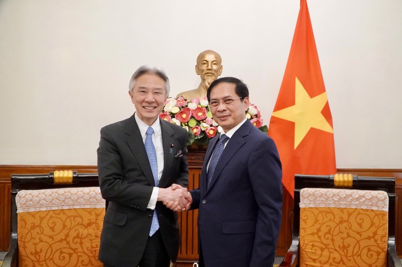Le ministre des Affaires étrangères Bui Thanh Son (à droite) et le ministre japonais de l'Éducation, de la Culture, des Sports, des Sciences et de la Technologie, Moriyama Masahito, en visite au Vietnam. Photo: baoquocte