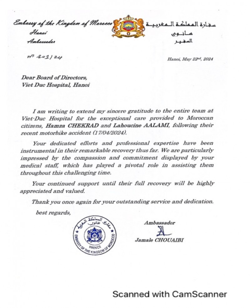 L'Ambassade du Maroc au Vietnam a récemment adressé une lettre de remerciement à l'Hôpital de l'amitié Viêt-Duc (Vietnam - Allemagne) après que cet hôpital avait soigné deux citoyens marocains accidentés. Photo: thoidai