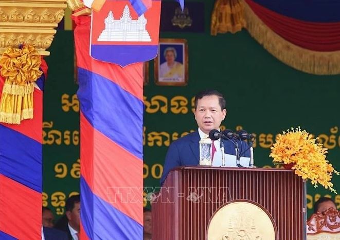 Le Premier ministre cambodgien Hun Manet s’exprime lors de la cérémonie marquant le 47e Jour de commémoration de la «marche vers la libération nationale du régime génocidaire de Pol Pot» (20 juin 1977) dans la province de Tbong Khmum, le 20 juin. Photo : VNA