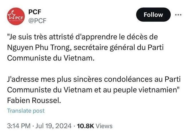 Les condoléances du chef du Parti communiste français, Fabien Roussel, à la page X du Parti communiste français. Photo : VNA.