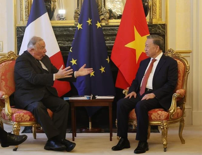 Le secrétaire général du Parti communiste du Vietnam et président de la République, Tô Lâm, (gauche) et le président du Sénat français, Gérard Larcher, à Paris. Photo : VNA.