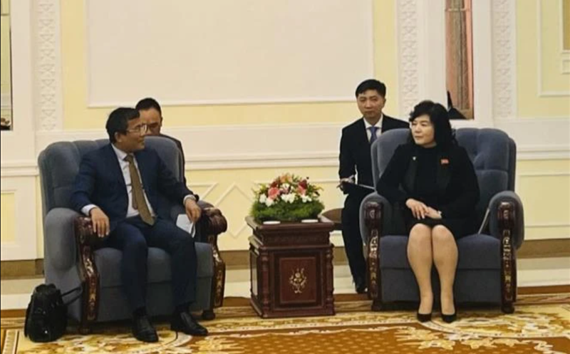 Le vice-ministre permanent des AE Nguyên Minh Vu (gauche) rencontre la ministre des Affaires étrangères de la RPDC Choe Son Hui. Photo : VNA.