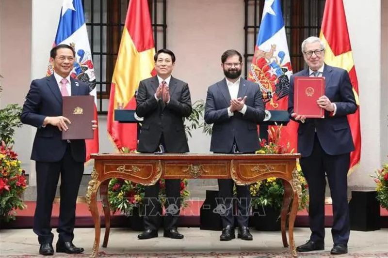 Le président Luong Cuong et son homologue chilien Gabriel Boric Font ont assisté à la cérémonie de signature de la Déclaration commune Vietnam-Chili entre les deux ministres des Affaires étrangères. Photo : VNA.