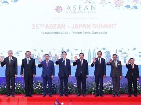 Les chefs des délégations des pays de l'ASEAN et le Premier ministre japonais Kishida Fumio prennent une photo ensemble. Photo : VNA.