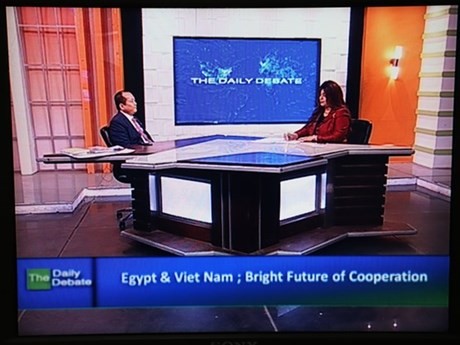 L’ambassadeur du Vietnam en Égypte, Nguyên Huy Dung (à gauche), dans son interview sur la chaîne internationale Nile TV. Photo : VNA.